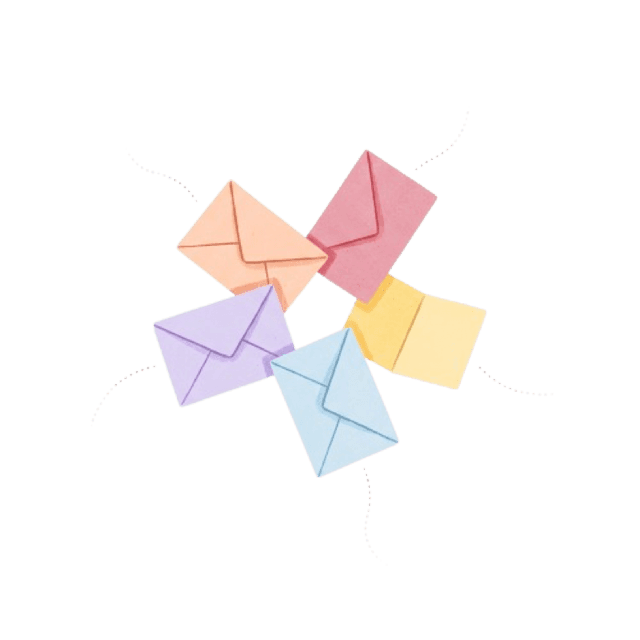 Five folded paper letters flying inward toward one point of light